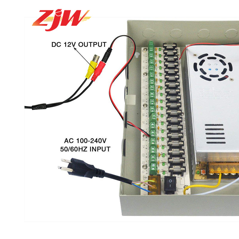 ZJW 18 Channel 12V 20A Fused Centralized Distributed Power Supply Power dapt With Box 18CH for CCTV