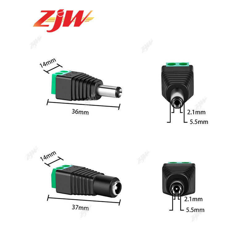 ZJW 5pcs/ 5pair DC Barrel Jack Adaptor CCTV Connectors 5.5 x 2.1mm CCTV Male/ Female Connectors