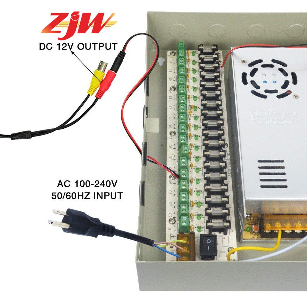 ZJW 18 Channel 12V 30A Fused Centralized Distributed Power Supply Power dapt With Box 18CH for CCTV