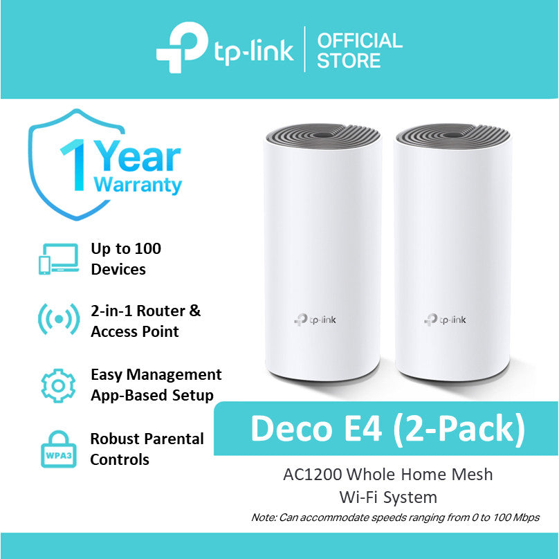 Deco E4 | AC1200 | Wi-Fi 5 | Dual Band | Whole Home Mesh | 0-100 Mbps WiFi Router