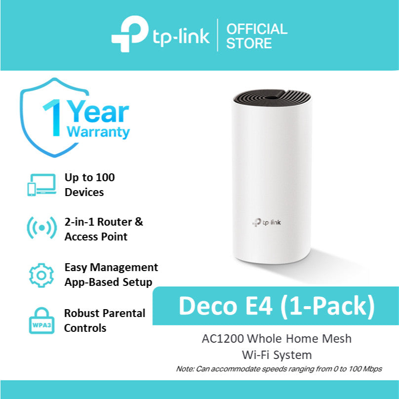 Deco E4 | AC1200 | Wi-Fi 5 | Dual Band | Whole Home Mesh | 0-100 Mbps WiFi Router
